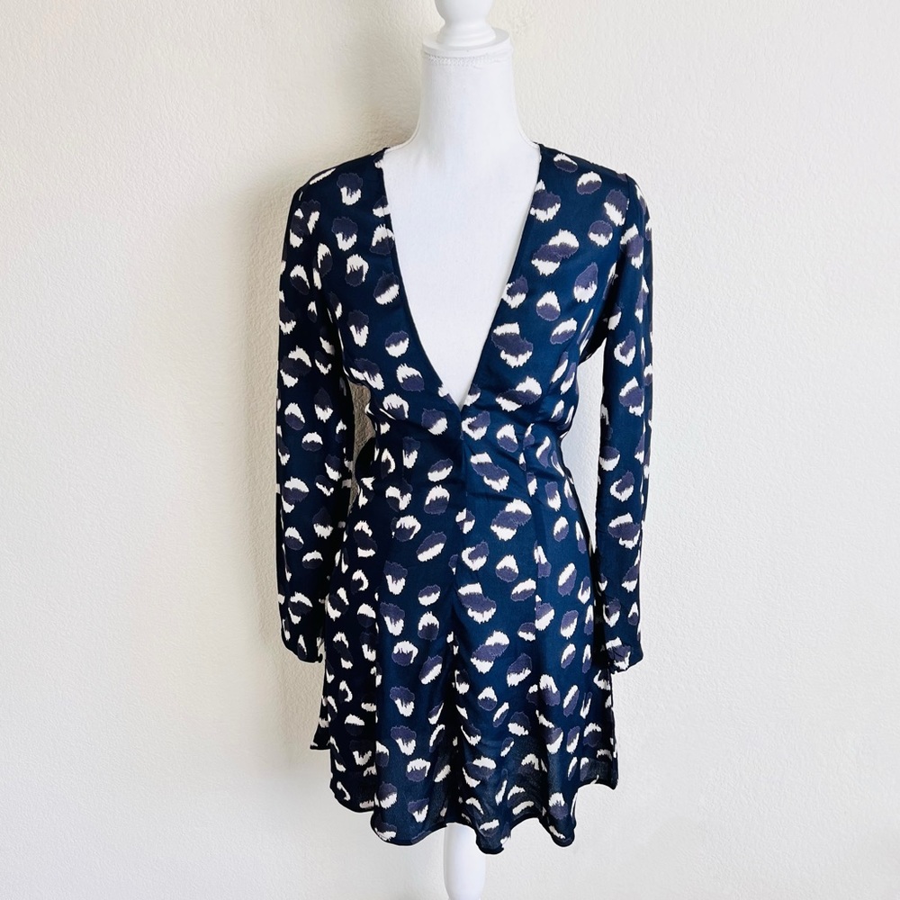 Reformation Navy Blue ‘Wild Child’ Calvin V-Neck Long Sleeve Mini Dress